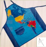 a blue apron handmade apron with a colorful applique of the Americas (North, Central, and South) and Canada