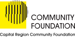 logo for the Capital Region Community Foundation. Slatted black-and-white circle overlayed on a yellow square