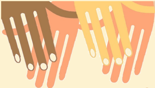 drawing of four hands, of different colors, criss-crossing one another