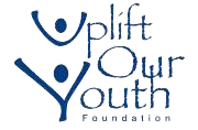 logo for the Uplift Our Youth Foundation. The words 'Uplift Our Youth' in a stylized font in which the 'U' and 'Y' are styled with a dot positioned where a head would be to look like arms uplifted in joy.